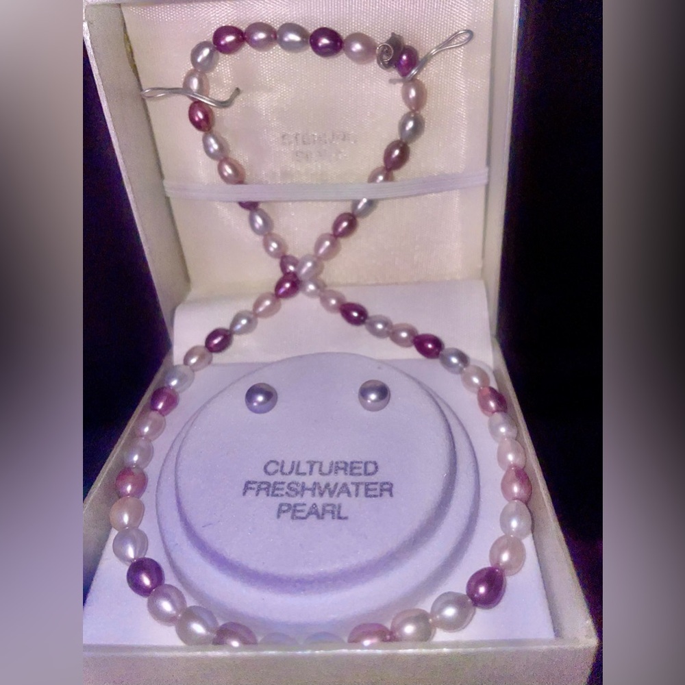 NOS Imperial Pearl freshwater cultured pearl necklace sterling silver w/earrings